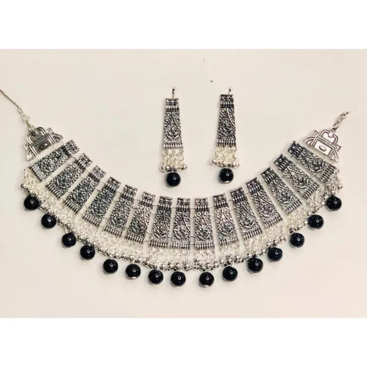 Black Pearl Oxidize Necklace and Earrings - Silver