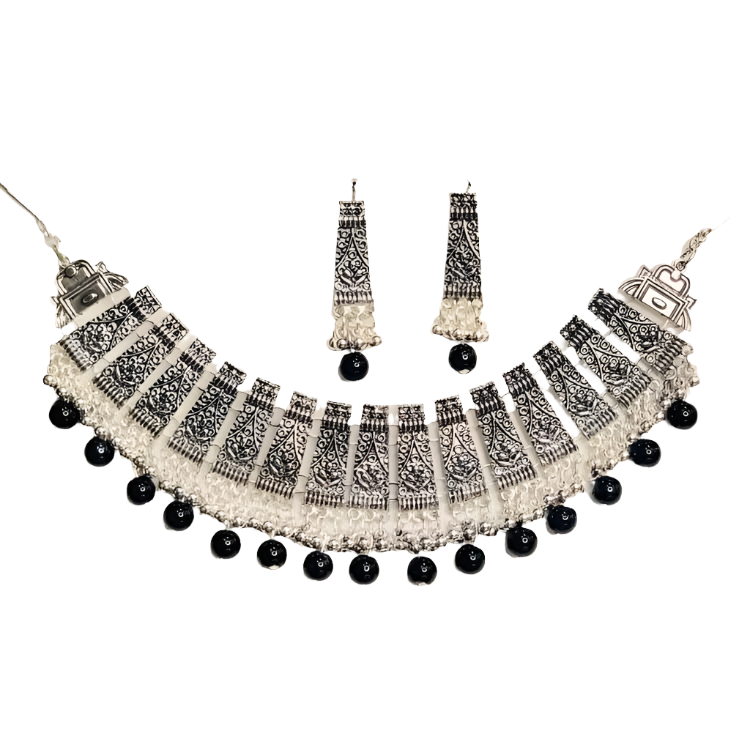 Black Pearl Oxidize Necklace and Earrings - Silver