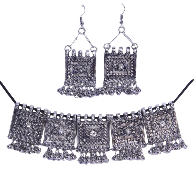 Choras Afghani Necklace and Earrings Set - Silver
