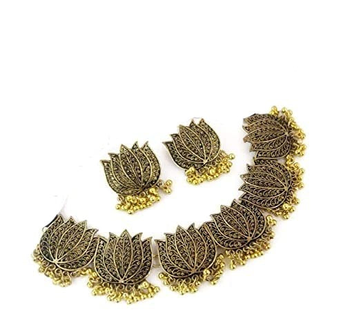 Oxidised Copper Lotus Designed Earrings Choker Set