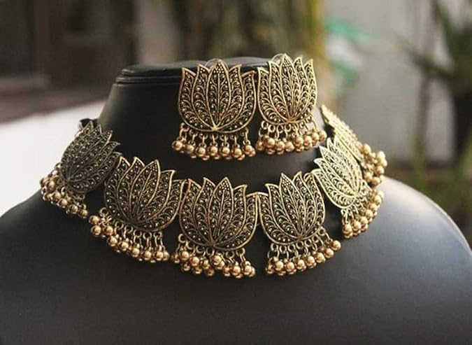Oxidised Copper Lotus Designed Earrings Choker Set