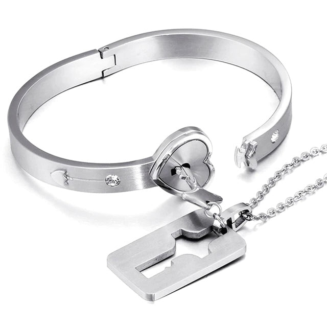 Love Heart Lock Stainless Steel Bracelet and Key Pendant Set for Couples