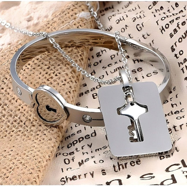 Love Heart Lock Stainless Steel Bracelet and Key Pendant Set for Couples