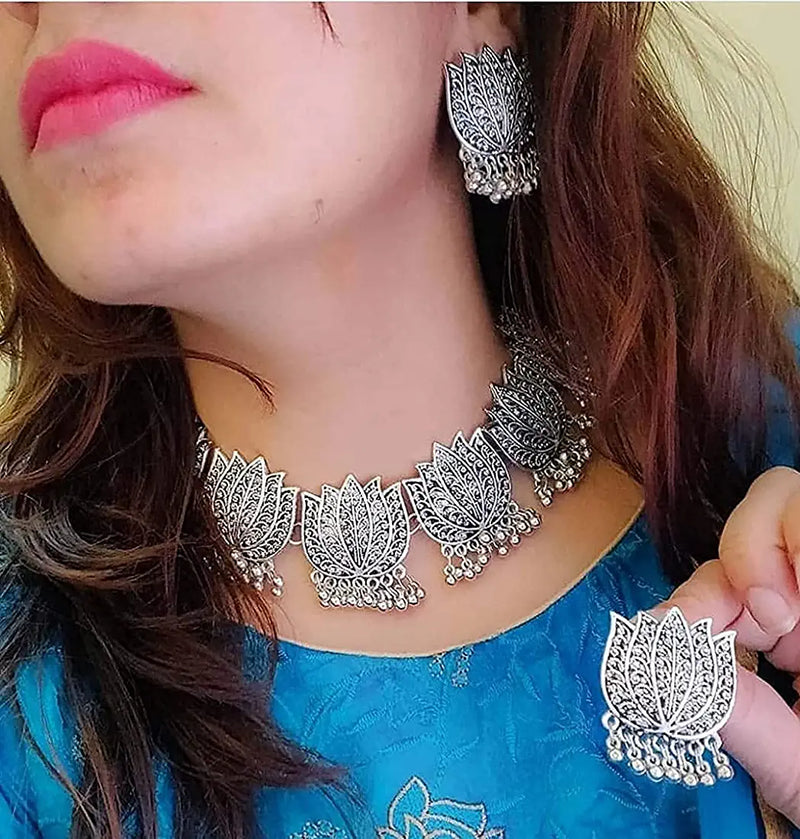 Oxidised Silver Lotus Designed Earrings Choker Set
