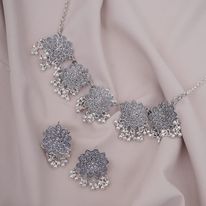 Afghani Flower Chokar and Earrings Set - Silver