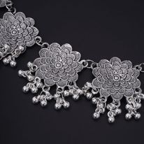 Afghani Flower Chokar and Earrings Set - Silver