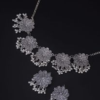 Afghani Flower Chokar and Earrings Set - Silver