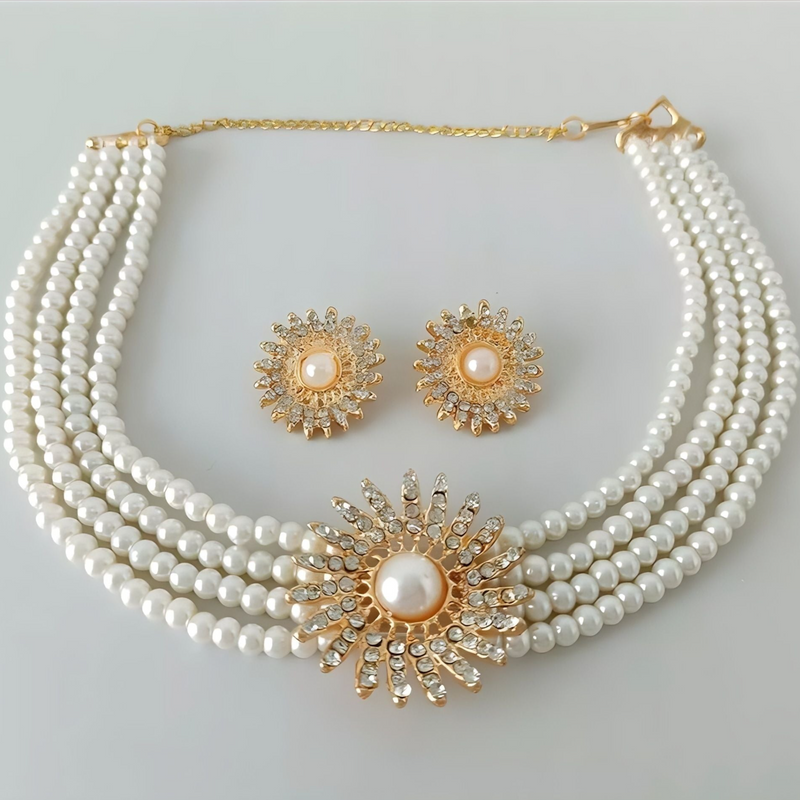 Flower 4 Layered Chokar Set - Pearl White