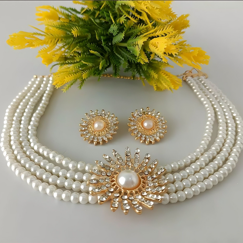Flower 4 Layered Chokar Set - Pearl White