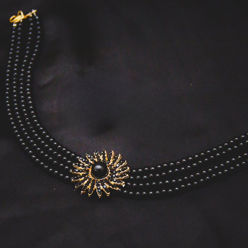 Flower 4 Layered Chokar Set - Pearl Black