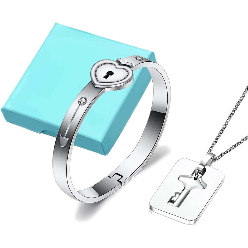 Love Heart Lock Stainless Steel Bracelet and Key Pendant Set for Couples