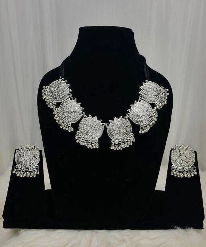 Oxidised Silver Lotus Designed Earrings Choker Set