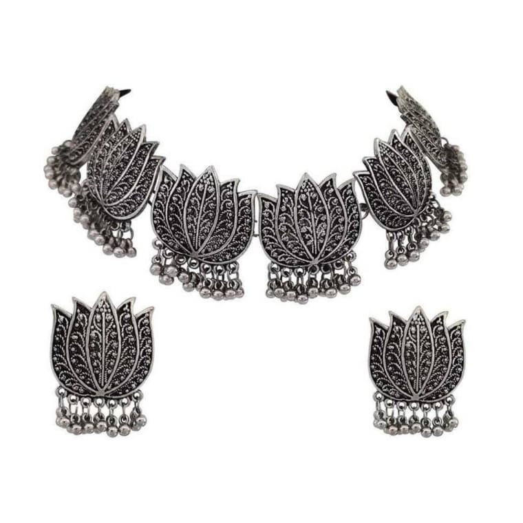 Oxidised Silver Lotus Designed Earrings Choker Set